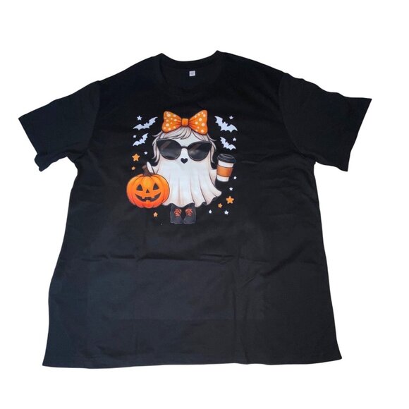 Halloween Ghost Graphic T-Shirt Black With Pumpkin & Coffee Design XL Unisex Cot - Picture 2 of 5